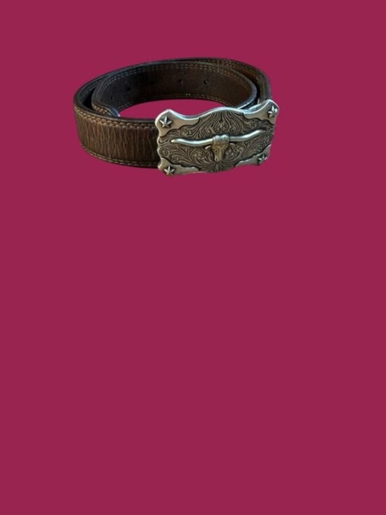 Tony Lama Other - Vintage Western Leather Belt Brown Longhorn Steer Silver Buckle Stars Cowboy 24�